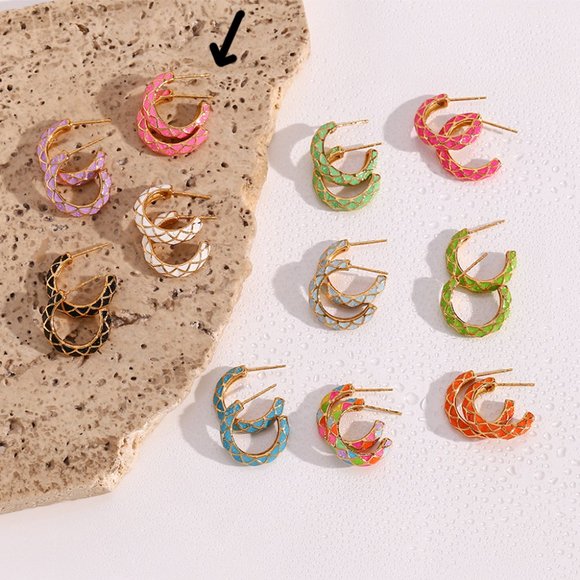 Light Pink Enamel Geometric Pattern Hoop Earrings 18K Gold Plated Stainless‎ - Picture 8 of 11